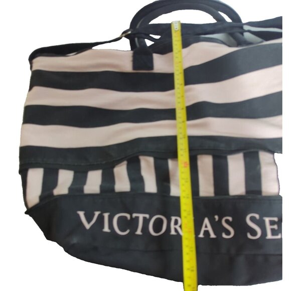 Victoria’s Secret Expandable Weekender Tote Bag Pink/Black Stripe Shoulder Strap - Picture 9 of 10